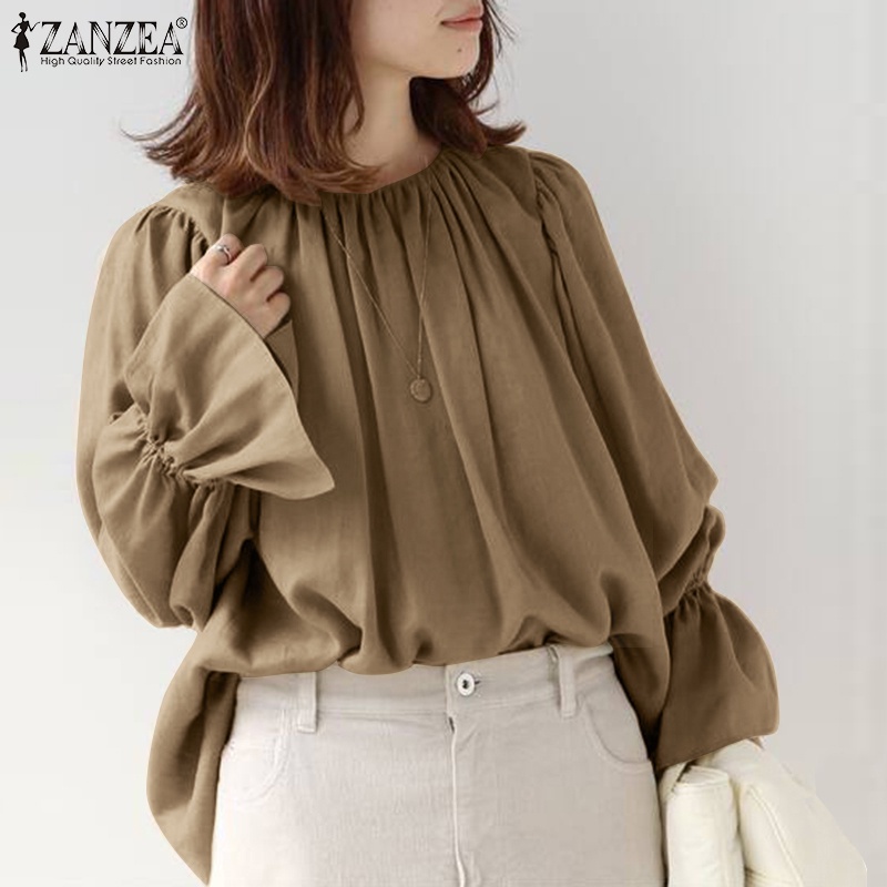 Áo ZANZEA tay dài cổ tay co giản cổ tròn màu trơn đơn giản phong cách Hàn Quốc