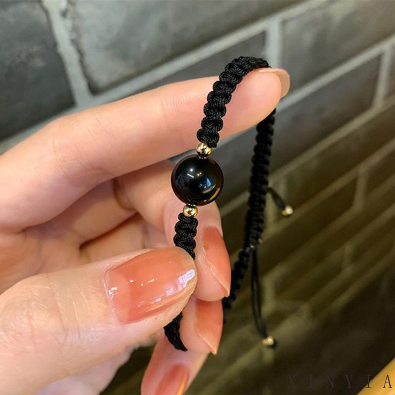 Vòng Tay Dây Bện Mặt Đá Obsidian Thiết Kế Đơn Giản Cho Cặp Đôi