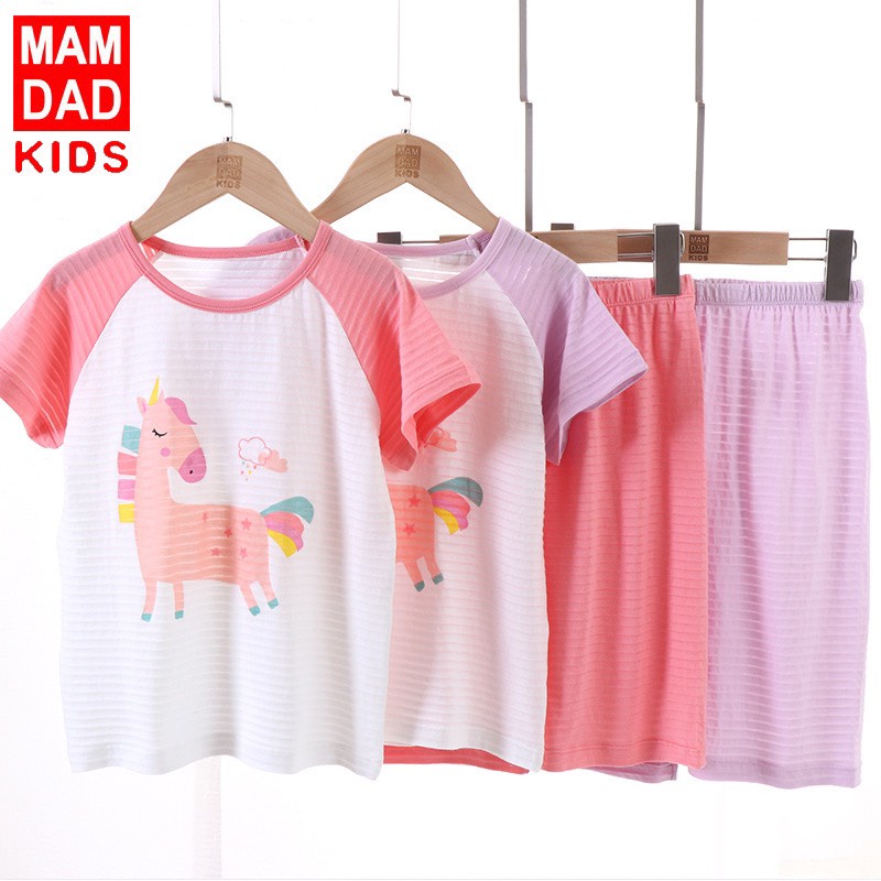 14-40kg Bộ cotton xước, sợi tre cộc tay raglan quần lửng hè cho bé trai bé gái hãng Mamdadkids