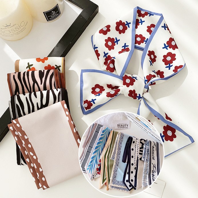 Băng Đô Lụa in Hoa, Quấn Tóc Hàn, Dây Voan Buộc Tóc, Dây Ruy Băng Vải Kiêm Khăn Choàng Cổ Buộc Tóc Phong Cách Nàng Thơ