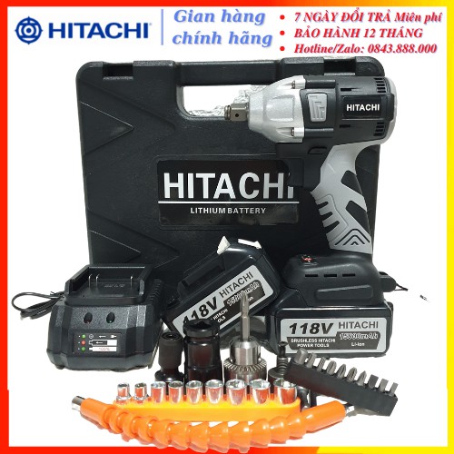 [Chính Hãng] Máy siết bulong Hitachi 118v - 2 PIN - Đầu 2 trong 1 - KHÔNG CHỔI THAN - TẶNG BỘ PHỤ KIỆN