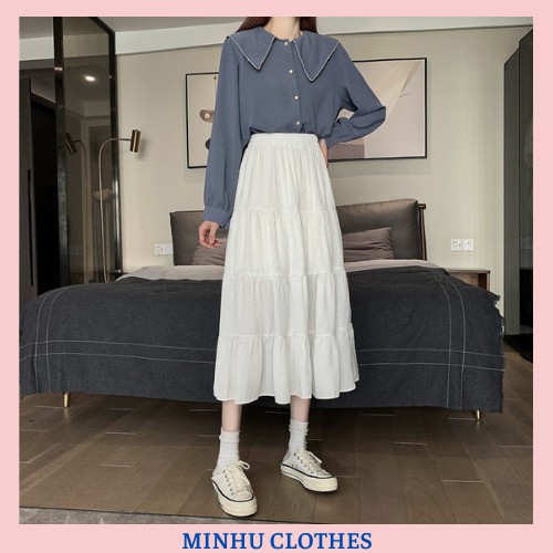 Chân váy dài hàn quốc chân váy xòe màu trắng vintage 2 lớp thanh lịch