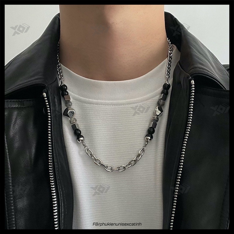 Vòng cổ Phối Hạt Đá Và Thép Titan không gỉ Cá Tính - Dây chuyền unisex cho nam nữ Độc Đáo