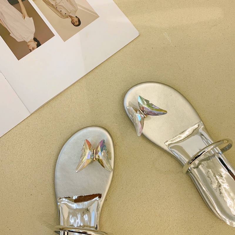 Urihouse - Dép xỏ ngón quai ngang mảnh màu bạc đế cao 3p đính đá lấp lánh