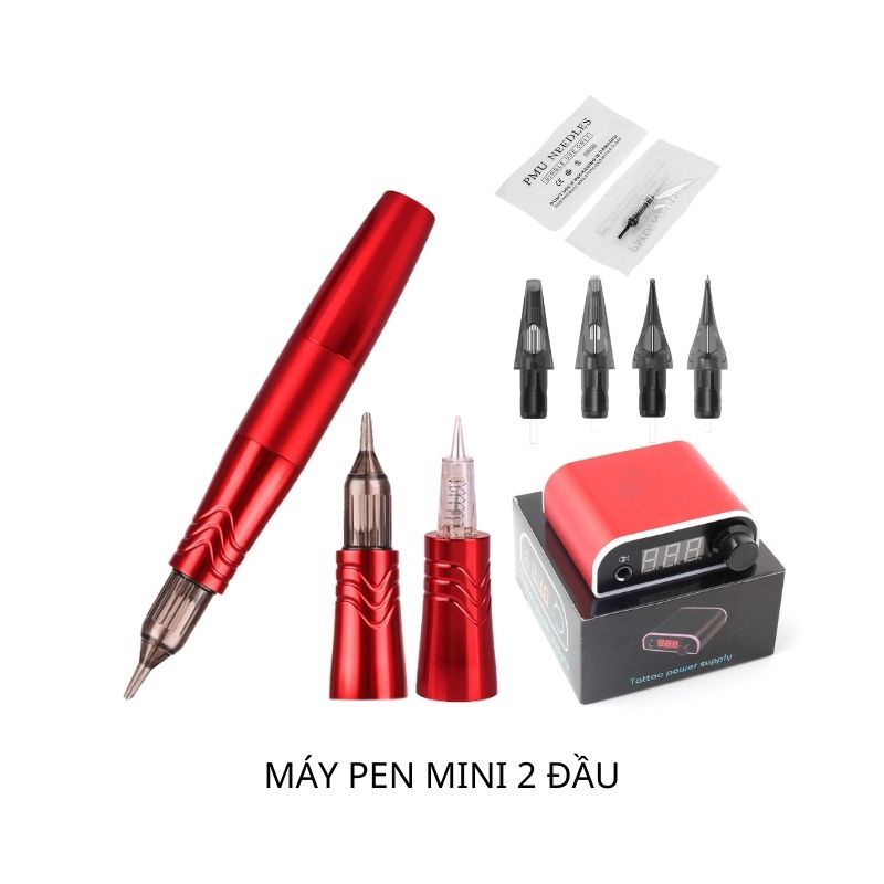 Máy pen mini 5.0 plus kỹ thuật số dùng 2 đầu phun môi xăm tatto kèm 1 nguồn led không dùng bàn đạp