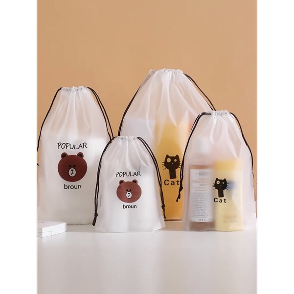 Túi đựng đồ dùng cá nhân, túi đựng dây rút tiện lợi, chống thấm nước in hình gấu brown, mèo dễ thương - 10192