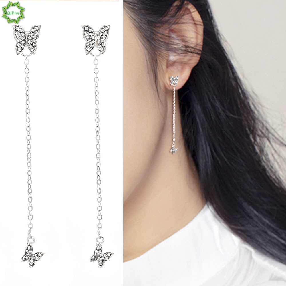 Đôi khuyên tai dáng dài mặt hình bướm đính đá thời trang sành điệu cho nữ