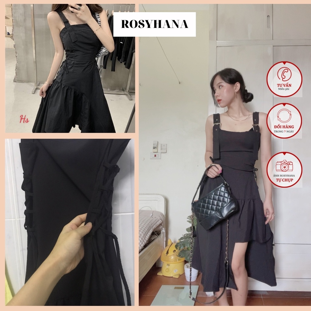 Váy đen 2 dây ROSYHANA, đầm đen hai dây vạt Ô Zuê lệch tà vải đũi cao cấp