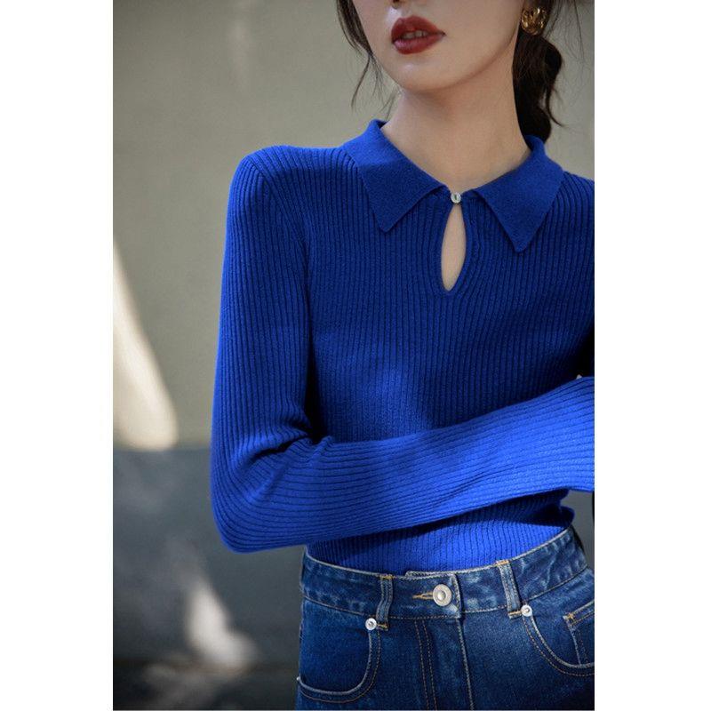 ✖▤❦Áo Sweater Dệt Kim Cổ Bẻ Màu Trắng Xanh Dương Phong Cách Retro Thời Trang Mùa Đông Dễ Phối Đồ Cho Nữ