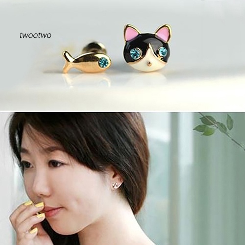 1 đôi bông tai hình mèo/cá đính đá dễ thương phong cách Hàn Quốc cho nữ