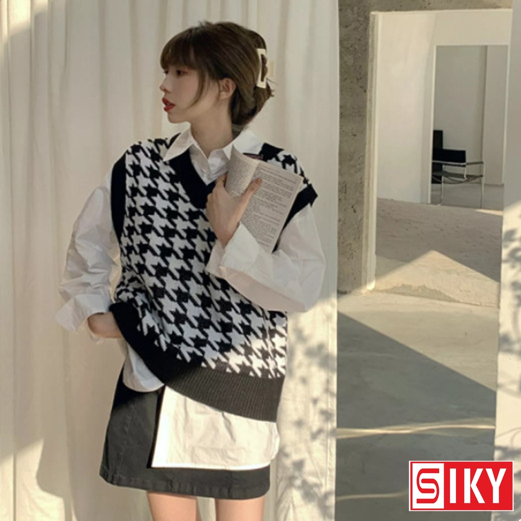 Áo gile nữ SLIKY chất len dày họa tiết ziczac phối đen trắng - GL07
