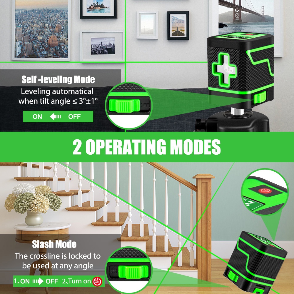 Máy Đo Bằng Tia Laser 2 Đường Chéo Màu Xanh Lá Cây Mini Dọc Và Ngang Siêu Mạnh Mẽ Với / Không Có Pin