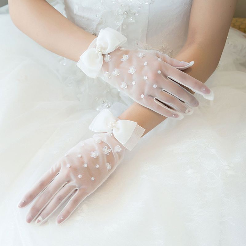 Găng Tay Lưới Ngắn Đính Kim Sa Chống Nắng Cho Cô Dâu