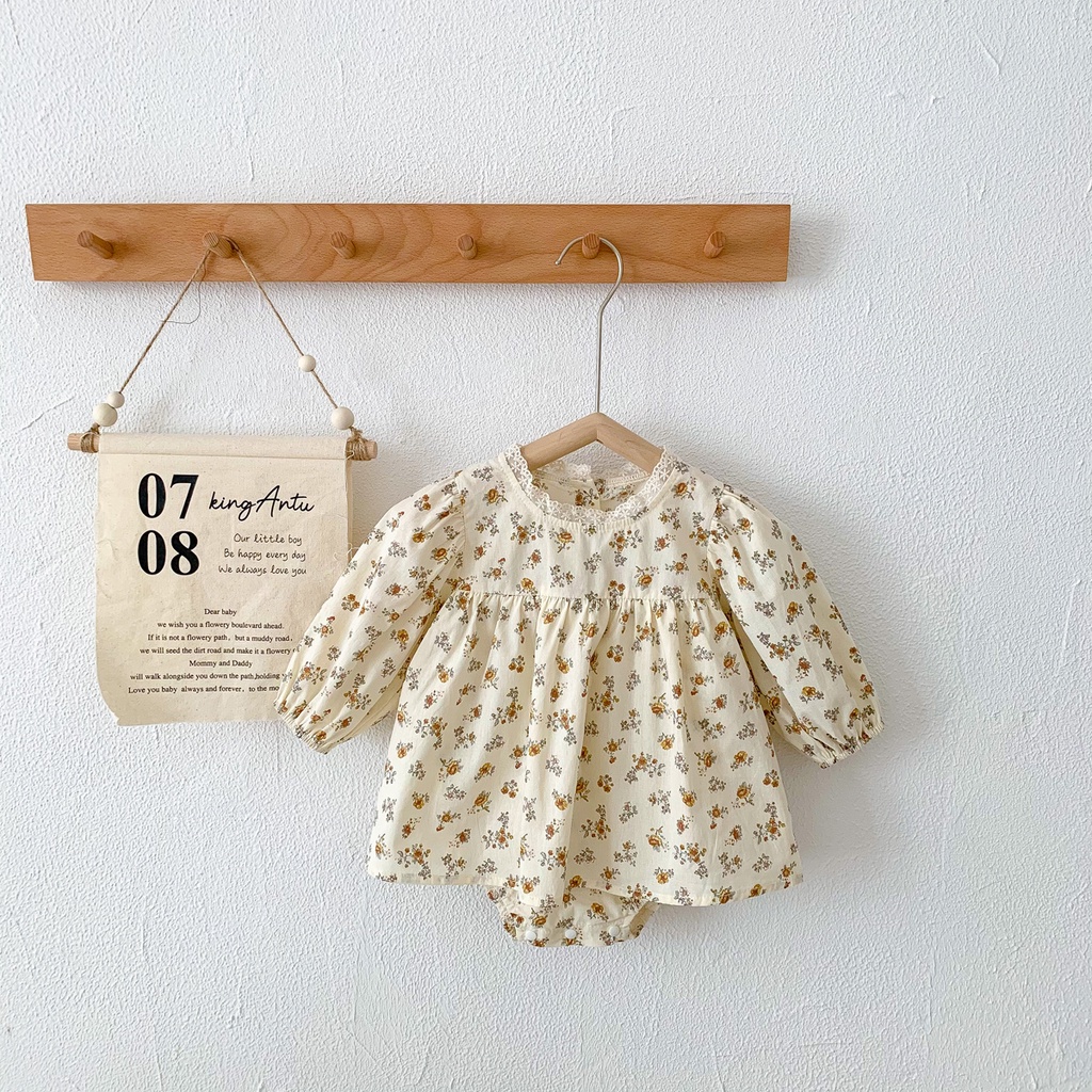 Bộ Áo Liền Quần Tay Dài Bằng Vải Cotton In Hoa Màu Be Thời Trang Mùa Thu Cho Bé Gái 0-2 Tuổi