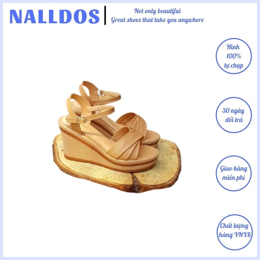Sandal xuồng nữ quai chéo NALLDOS cao 7cm đế PU siêu nhẹ thời trang 2 màu truyền thống ( Đen và Kem)