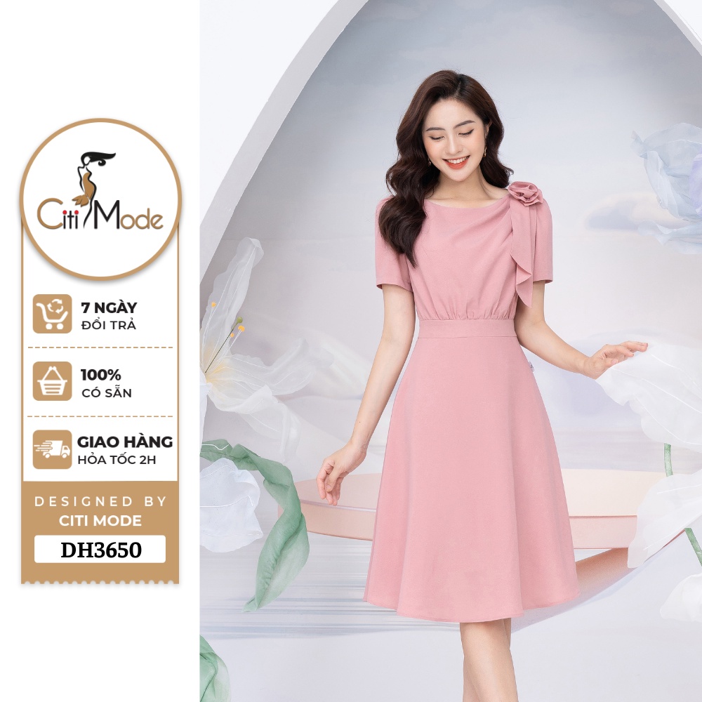 Đầm công sở CITI MODE FASHION thiết kế dáng xoè hồng vai đính hoa DH3650