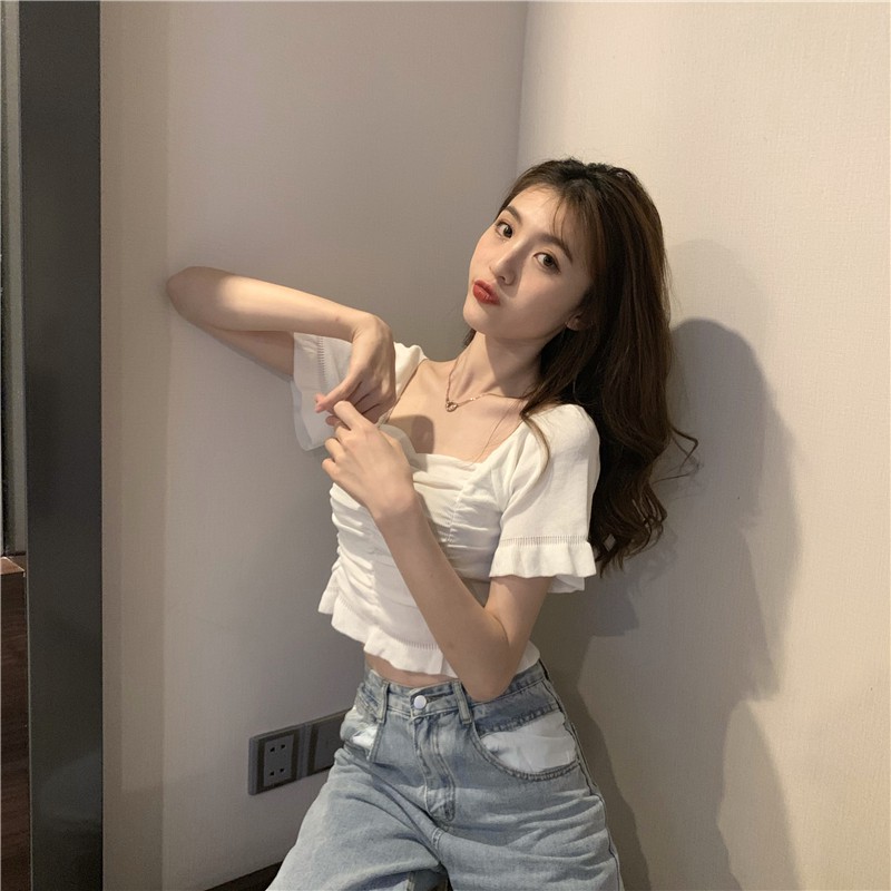 (Sẵn vàng trắng)Áo croptop ôm body nữ tay ngắn 2021, áo kiểu nữ đẹp màu trắng, đen, vàng cổ vuông sang chảnh | BigBuy360 - bigbuy360.vn