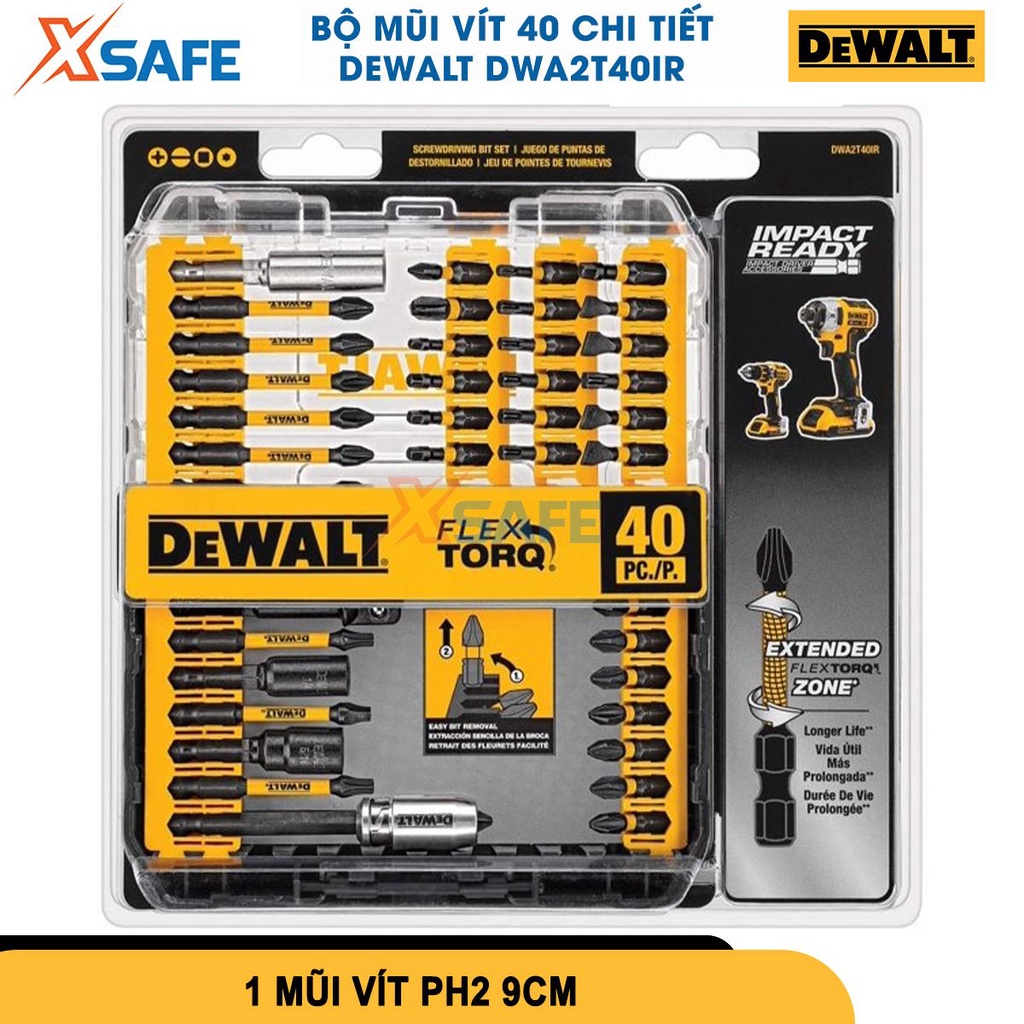 Bộ mũi vít 40 chi tiết Dewalt DWA2T40IR gồm 40 mũi vít hỗ trợ bắt nối vít có từ, chất liệu thép Cr-mo cứng rắn
