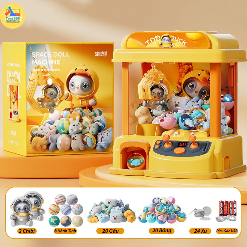 Máy Gắp Thú Bông Mini Kích Thước Lớn Gấu Phi Hành Gia Có Đèn Và Nhạc Kèm Xu Đếm Thời Gian, Có Sẵn Nhiều Thú Bông Trẻ Em