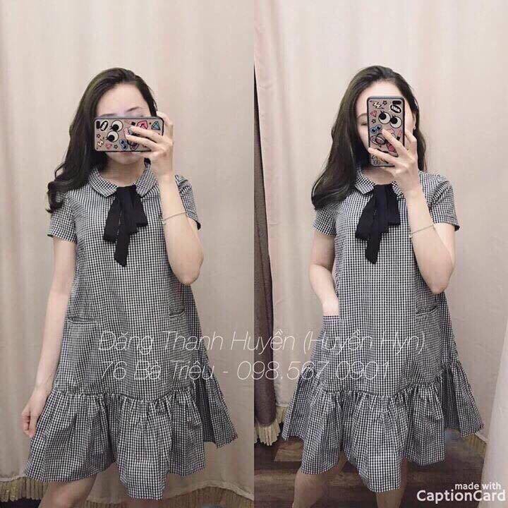 Váy Bầu Công Sở - Đầm Bầu GUME kẻ caro đen dáng đuôi cá nơ cổ chất vải thô cotton mềm mát size từ 40-100kg  MYC1188