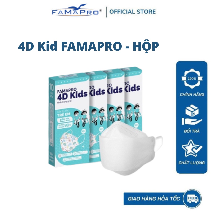 [4D MASK KIDS (KF94)- COMBO 4- HỘP 10 CÁI] Khẩu trang y tế trẻ em cao cấp kháng khuẩn 3 lớp Famapro cho bé 3-6 tuổi