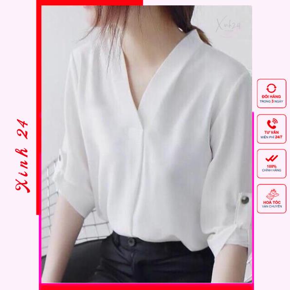 Áo sơ mi nữ tay lỡ cổ V chất vải nhập mềm mịn chuẩn form trẻ trung