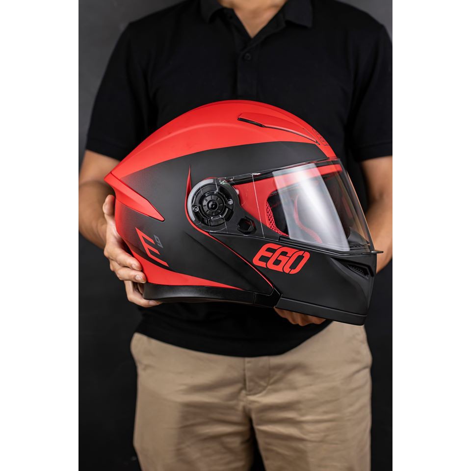 Mũ bảo hiểm fullface EGO E9 lật hàm 2 kính đen đỏ nhám