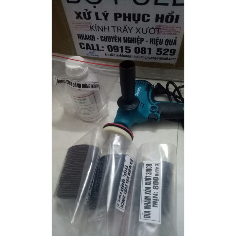 Đánh bóng kính xước ô tô ( combo máy + bát nỉ và bộ nhám và dung dịch đánh bóng)