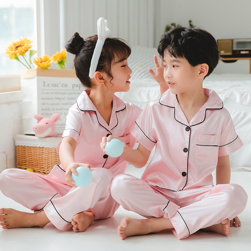 Pijama Cho Trẻ Em Ngắn Tay Lụa Satin Bộ đồ Ngủ Bé Trai Bé Gái
