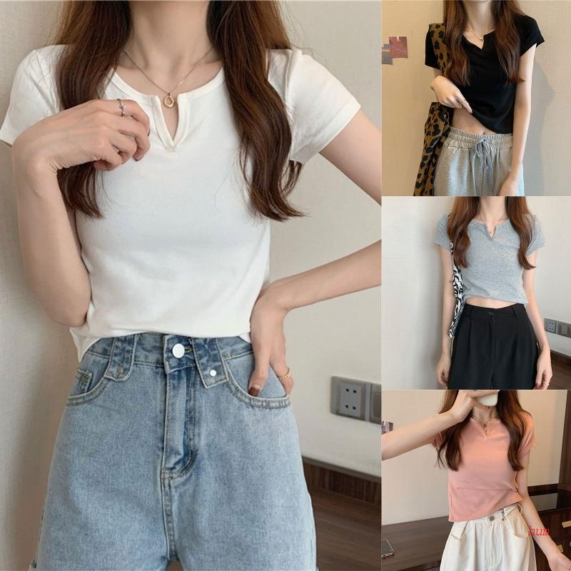 Hum Áo Thun Crop Top Tay Ngắn Cổ Chữ V Màu Trơn Đơn Giản Thời Trang Mùa Hè Dành Cho Nữ Tuổi Teen