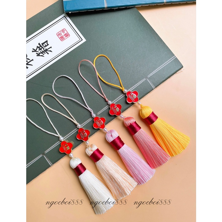 Tua Rua Quấn Chỉ Đỏ 5cm Mặt Chữ Phước Màu Vàng May Mắn Trang Trí Balo, Chìa Khóa, Phong Thủy