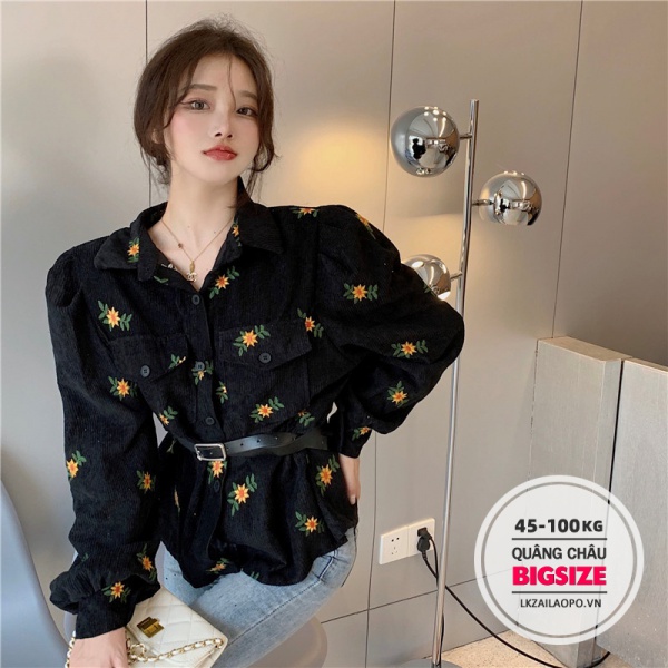 BIGSIZE Nữ (45-100kg) Áo sơ mi nữ đẹp cá tính Phối đen hoa Cổ Chữ V thắt lưng tay dài mùa thu Phong cách Hàn Quốc vintage - cho người mập béo
