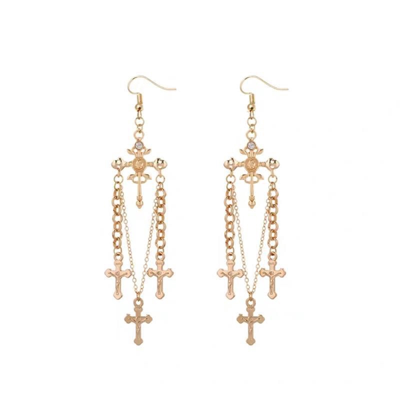 Bông tai kim loại dáng dài đính đá nhiều lớp sang trọng