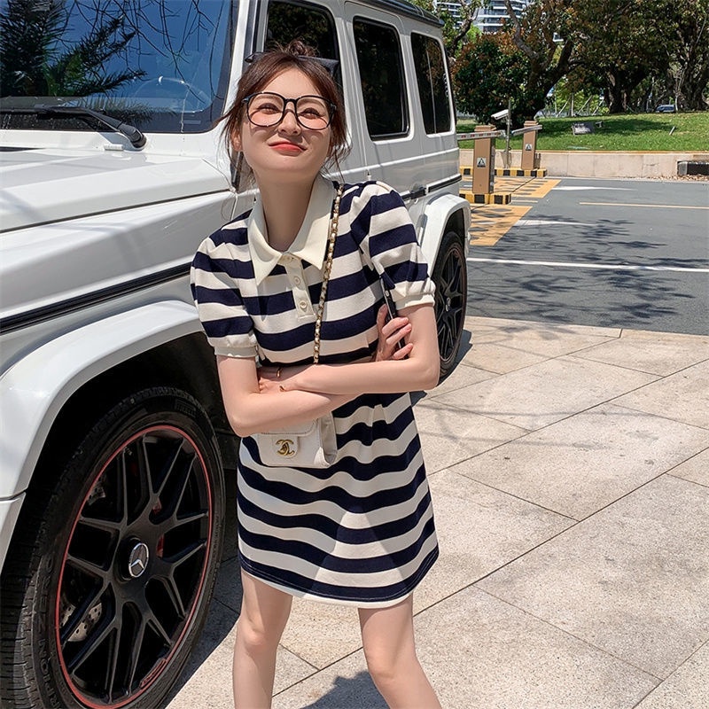 COZOK Đầm Tay Ngắn Cổ Polo Họa Tiết Kẻ Sọc Thời Trang