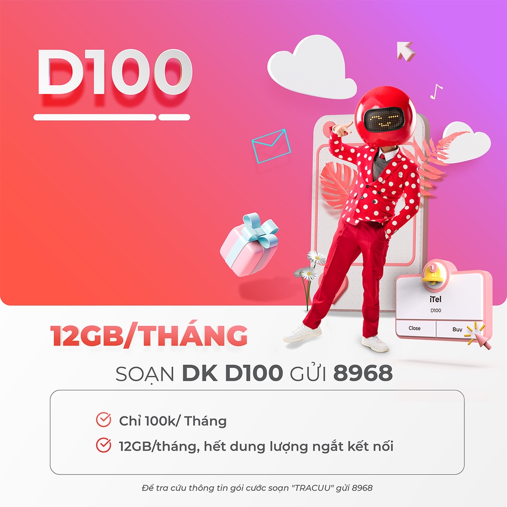 Sim iTelecom eSim 4G Gói D100 - Chỉ 100k Data 12Gb/Tháng - 4G tốc độ cao Toàn Quốc