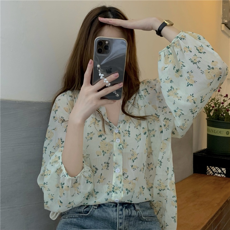 SUXI Áo Sơ Mi Voan Cổ Chữ V Dáng Rộng In Hoa Phong Cách Vintage Dành Cho Nữ