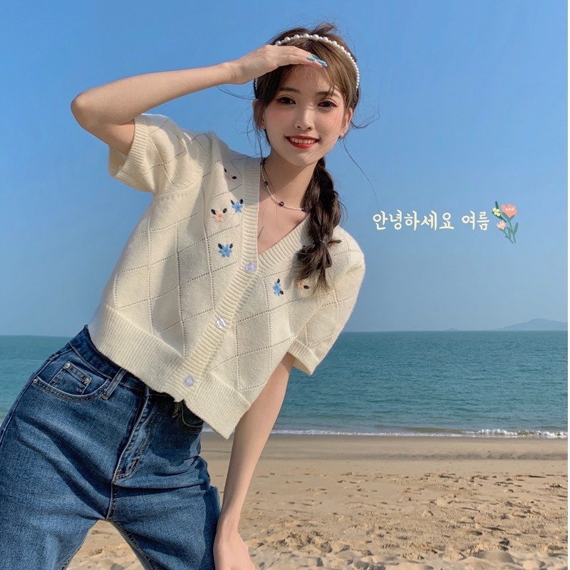 Áo khoác cardigan dệt kim ZHELIHANGFEI dáng ngắn thêu họa tiết thanh lịch cao cấp