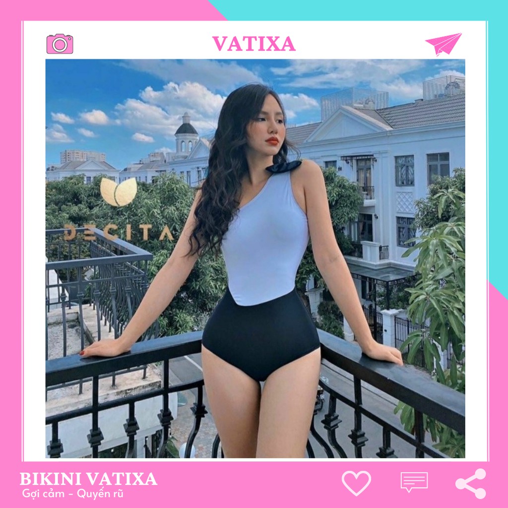 Bikini đồ bơi đi biển một mảnh liền thân lệch vai phối nơ trắng đen đi biển đi bơi đẹp VATIXA BKN66 | BigBuy360 - bigbuy360.vn
