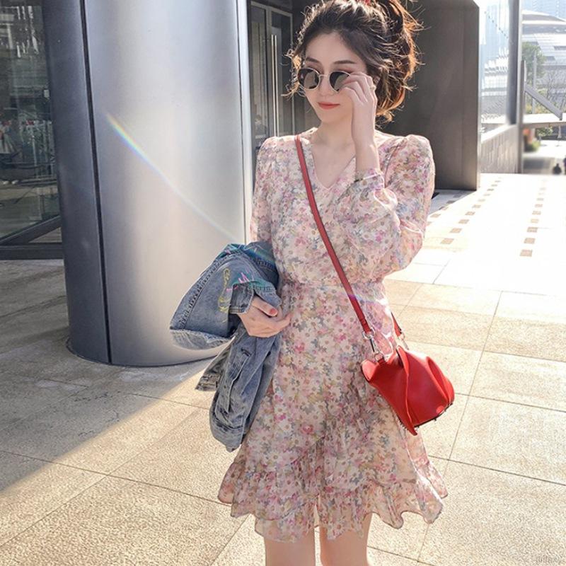 Đầm Cổ Chữ V Phối Bèo Họa Tiết Hoa Xinh Xắn Phong Cách Hàn Quốc Dành Cho Phụ Nữ