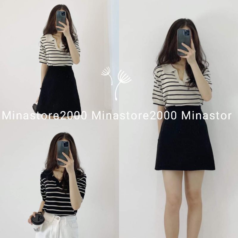 (Sẵn/Ảnh thật) Áo Polo nữ tay ngắn họa tiết kẻ ngang phong cách Hàn Quốc, Áo croptop kẻ ngang