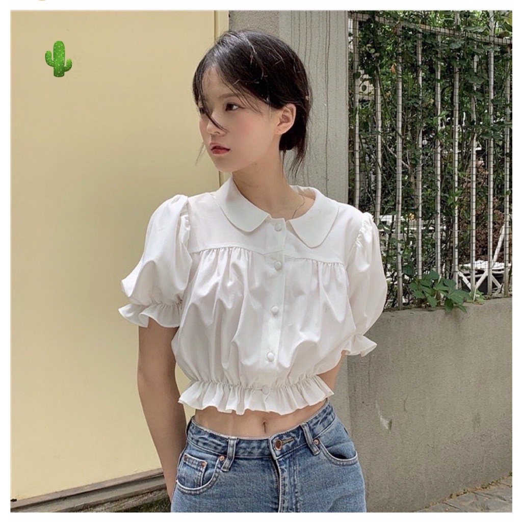 ÁO SƠ MI KATE CỔ BÈO TAY BỒNG NHÚN EO CROPTOP DƯỚI 50KG