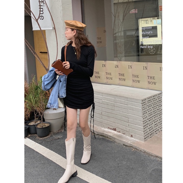 Đầm SUXI cotton tay dài dáng ôm phối dây rút gợi cảm cho nữ