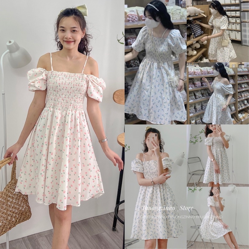 Váy hoa vintage trễ vai chun ngực kèm dây cổ siêu xinh Đầm hoa nhẹ nhàng Hàn Quốc