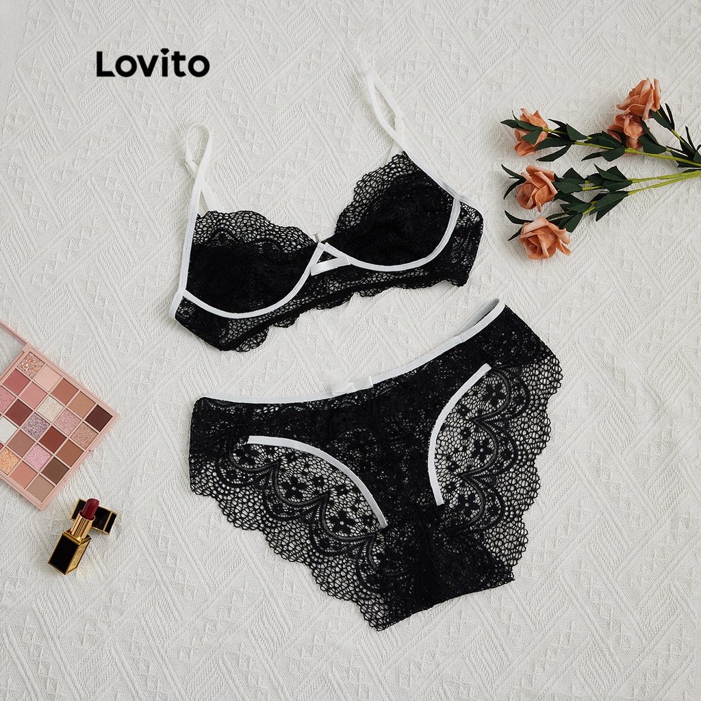 Set quần lót và áo ngực Lovito vải xuyên thấu ghép nối màu sắc phối ren sexy không có miếng đệm L17X447 (hồng/đen)