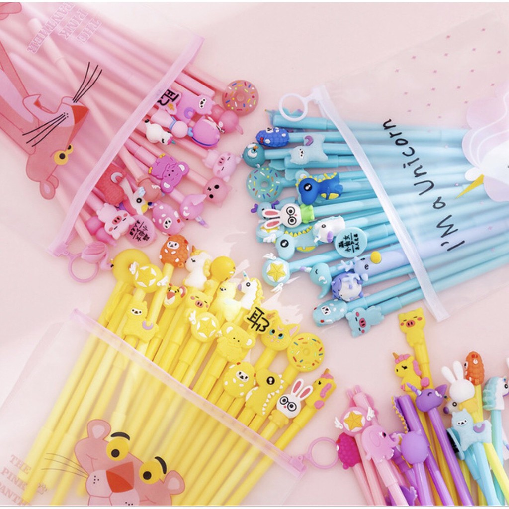 Set 20 chiếc bút bi mực nước siêu xinh nhiều hình cute, Bút mực nước dạng gel màu xanh/đen