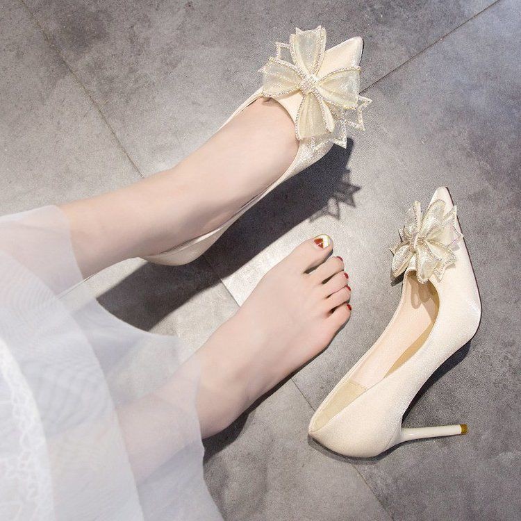 SWEETC Giày cao gót nữ giày cưới Pháp cô dâu và phù dâu giày cao gót nơ pha lê