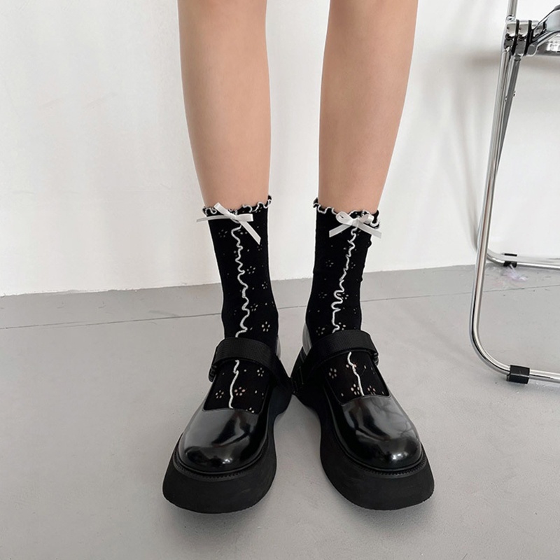 Xixi Vớ Ống Lửng Phối Bèo Và Nơ Họa Tiết Hoa Màu Tương Phản Phong Cách Lolita Ngọt Ngào Cho Nữ