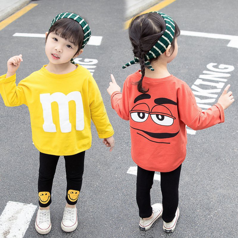Set áo thun dài tay cổ tròn + quần dài in hoạt hình đáng yêu cho bé gái