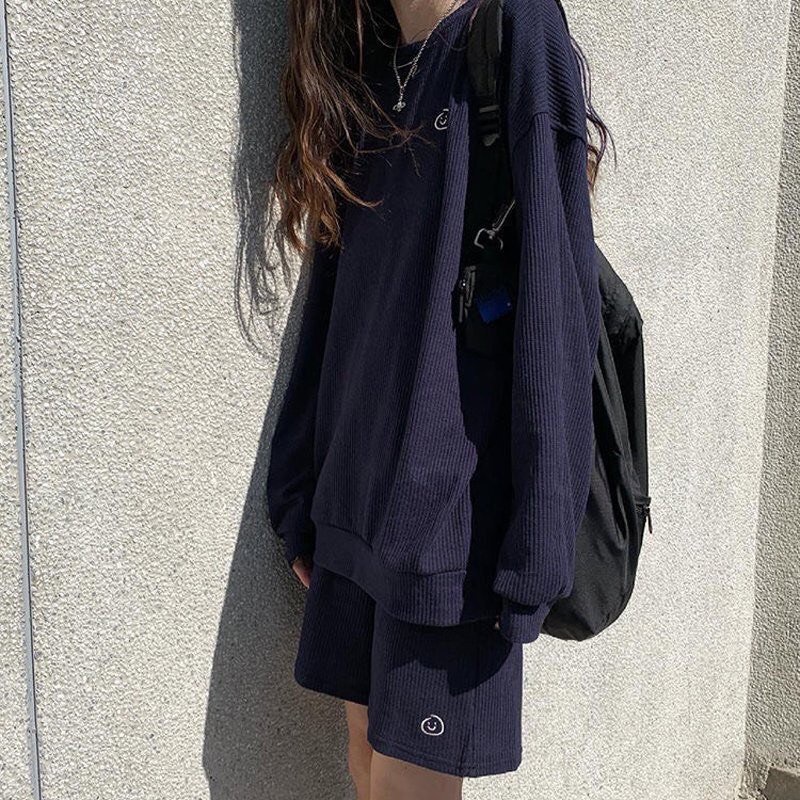 Bộ Tổ Ong Dài Tay Thêu Mặt Cười PEONYB Unisex [FREESHIP] Set quần sooc kèm áo thun dài tay form rộng kiểu dáng hàn quốc