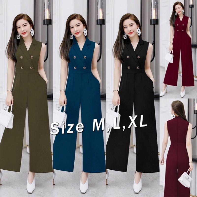 Jumsuit Nữ 🌸RẺ Nhất 🌸 Jum dài ống suông cổ vest phối 4 nút dây kéo lưng thiết kế shop AM